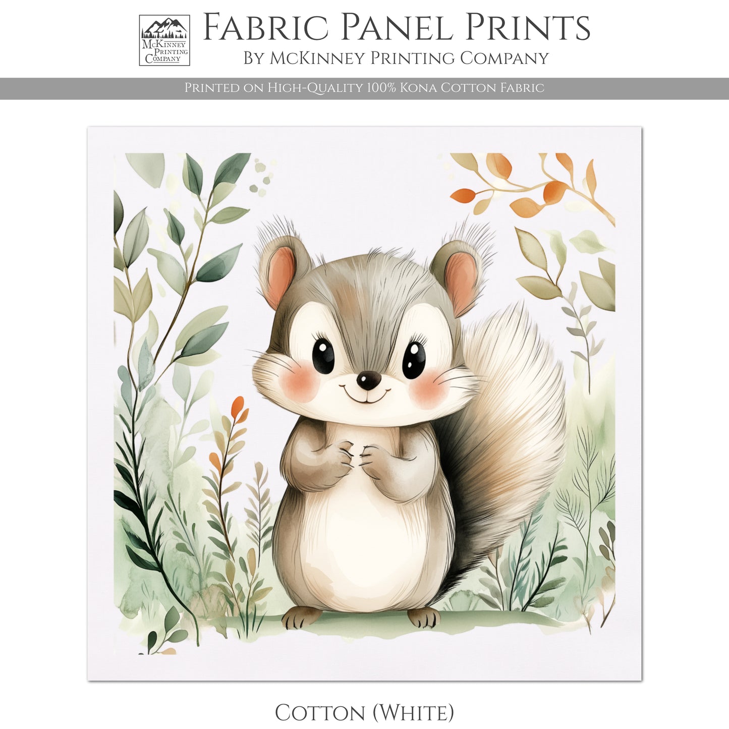 Woodland Animal Fabric - Squirrel, Baby Fabric Panels, Forest, Nursery Décor, Quilt Block, Wall Art, Cotton, Quilting