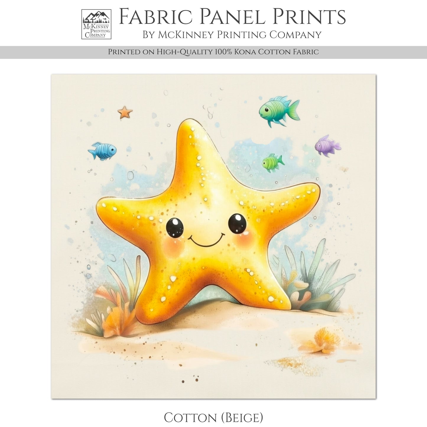 Starfish - Baby Fabric Panels, Sea, Ocean, Boy, Blanket, Nursery Décor, Quilt Block, Cotton, Quilting