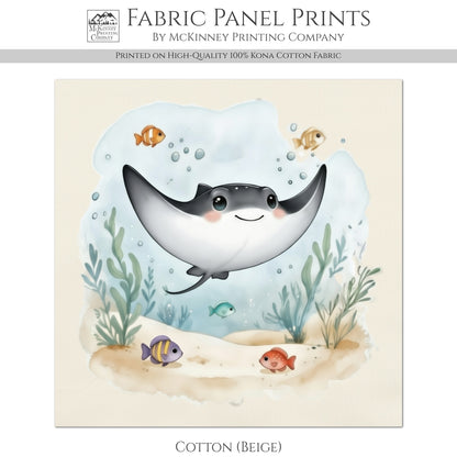 Stingray - Baby Fabric Panels, Sea, Ocean, Boy, Blanket, Nursery Décor, Quilt Block, Cotton, Quilting