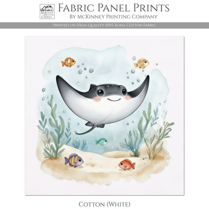 Stingray - Baby Fabric Panels, Sea, Ocean, Boy, Blanket, Nursery Décor, Quilt Block, Cotton, Quilting