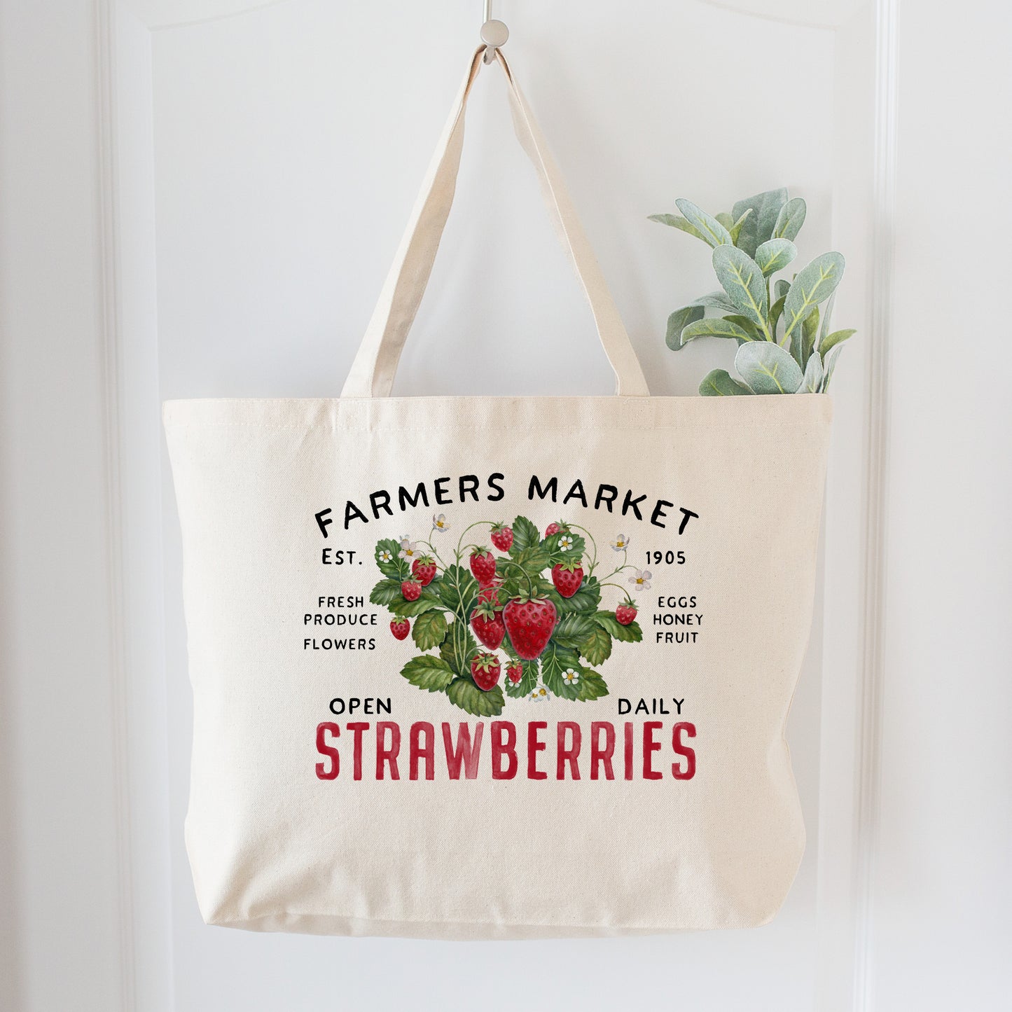 Large Canvas Tote Bag, Strawberry Bag, Fabric Shoulder Bag, Grocery Bag, Reusable, Laundry, Travel, Laptop, Computer, Gift