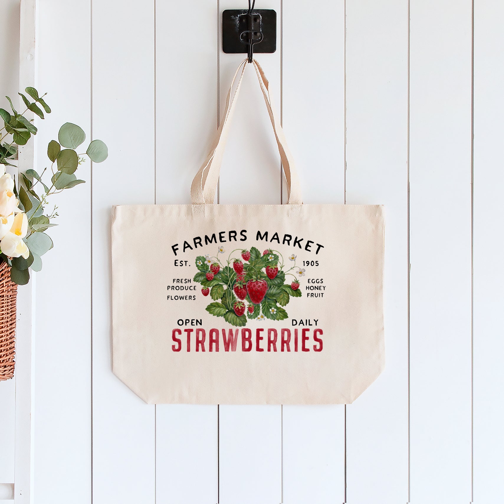 Large Canvas Tote Bag, Strawberry Bag, Fabric Shoulder Bag, Grocery Bag, Reusable, Laundry, Travel, Laptop, Computer, Gift