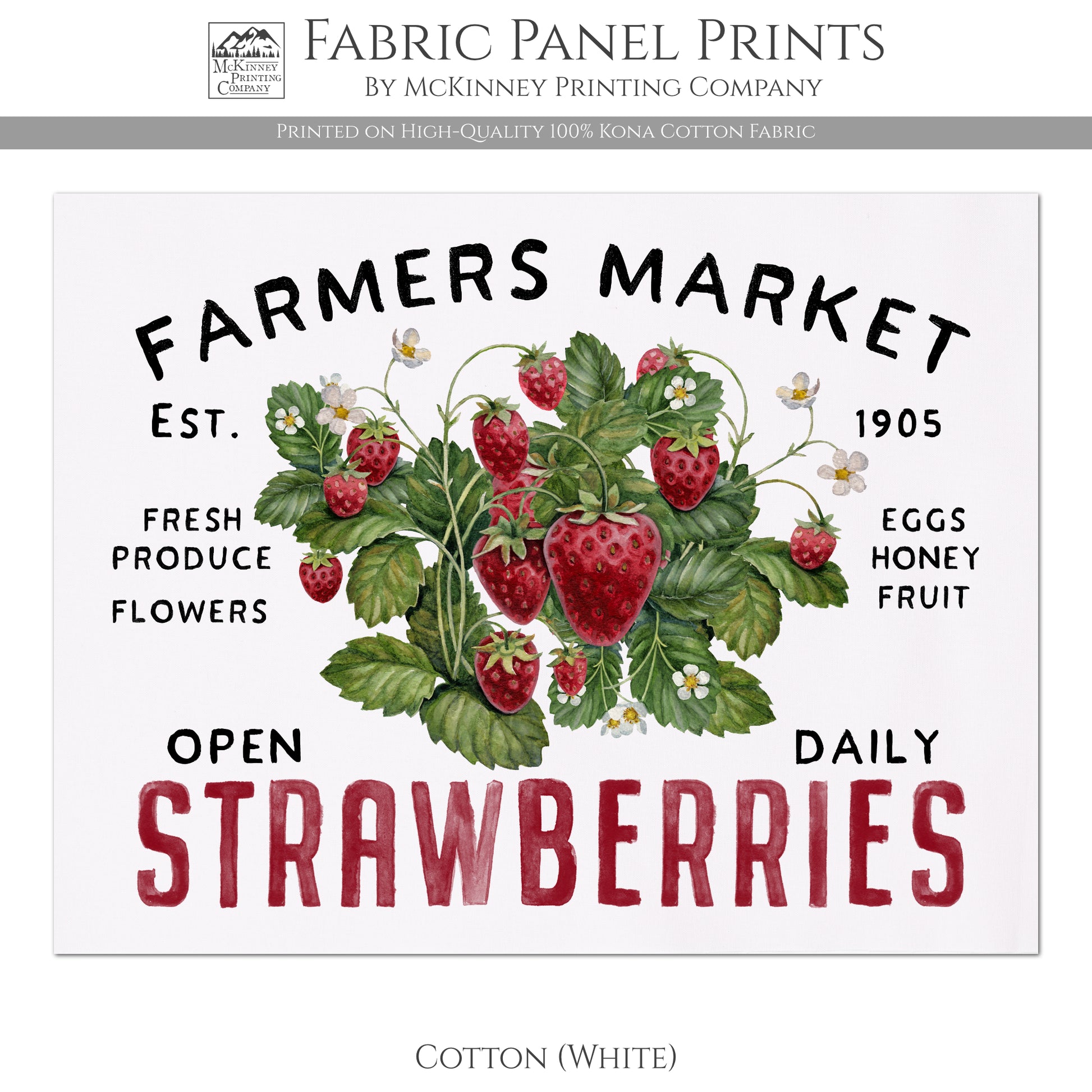 Strawberry Fabric, Farmers Market, Farmhouse, Blueberry, Quilt Block, Quilting, Sewing Supplies, Materials - Cotton, White