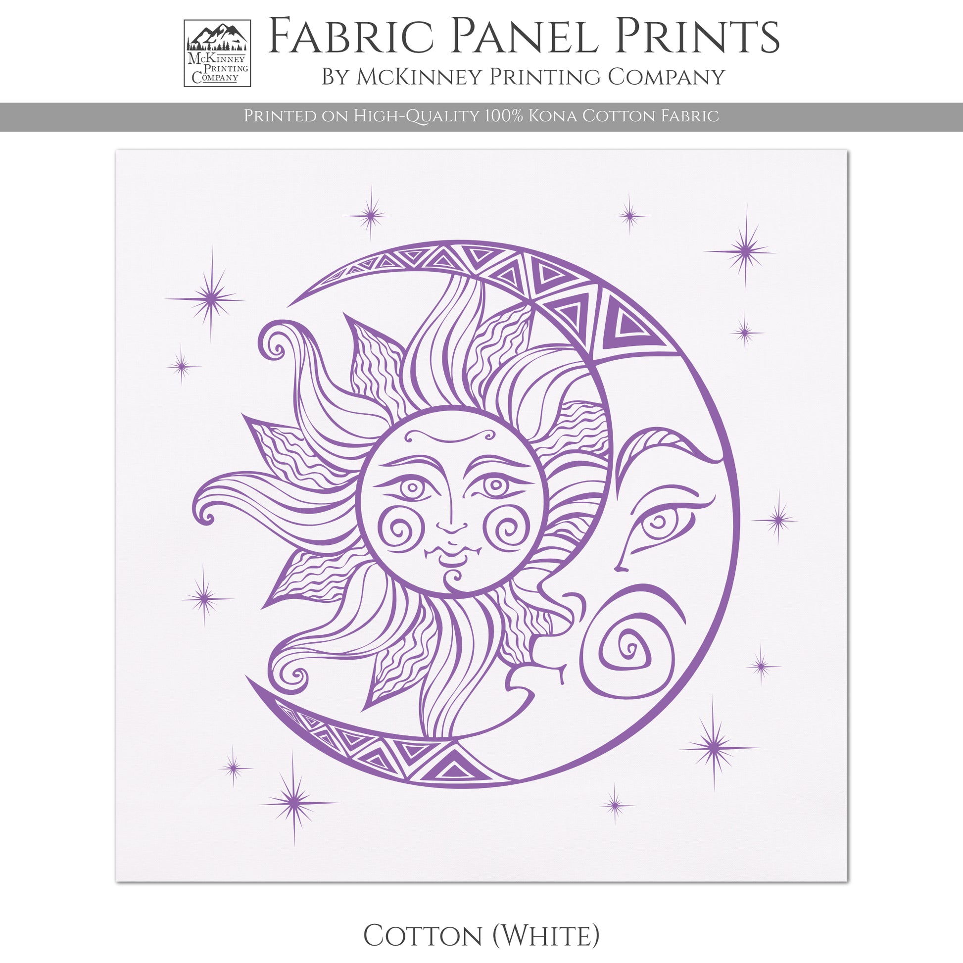 Sun and Moon and Stars Fabric Print - Cotton, White