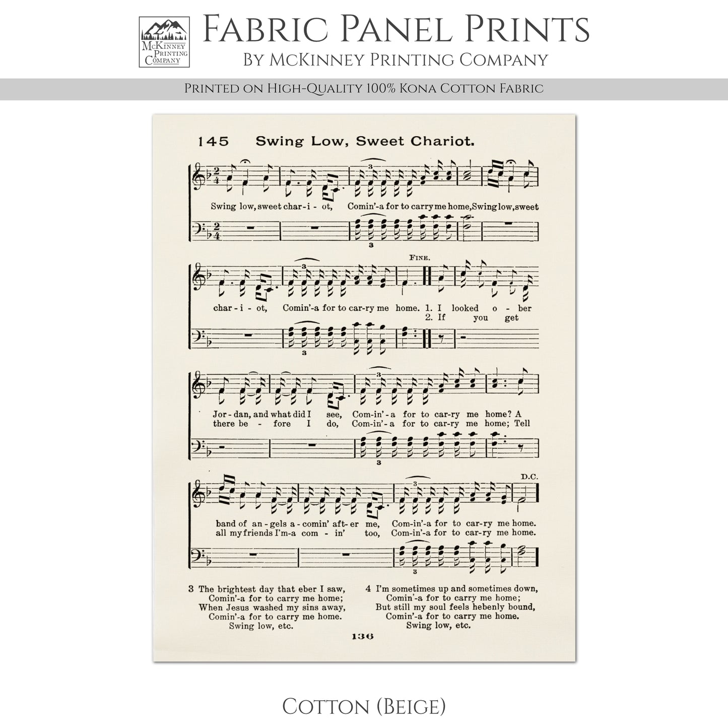 Swing Low, Sweet Chariot - Christian Fabric, Religious, Hymn Wall Art, Vintage Sheet Music, Choral, Piano, Quilting, Quilt, Cotton, Sewing, Cotton