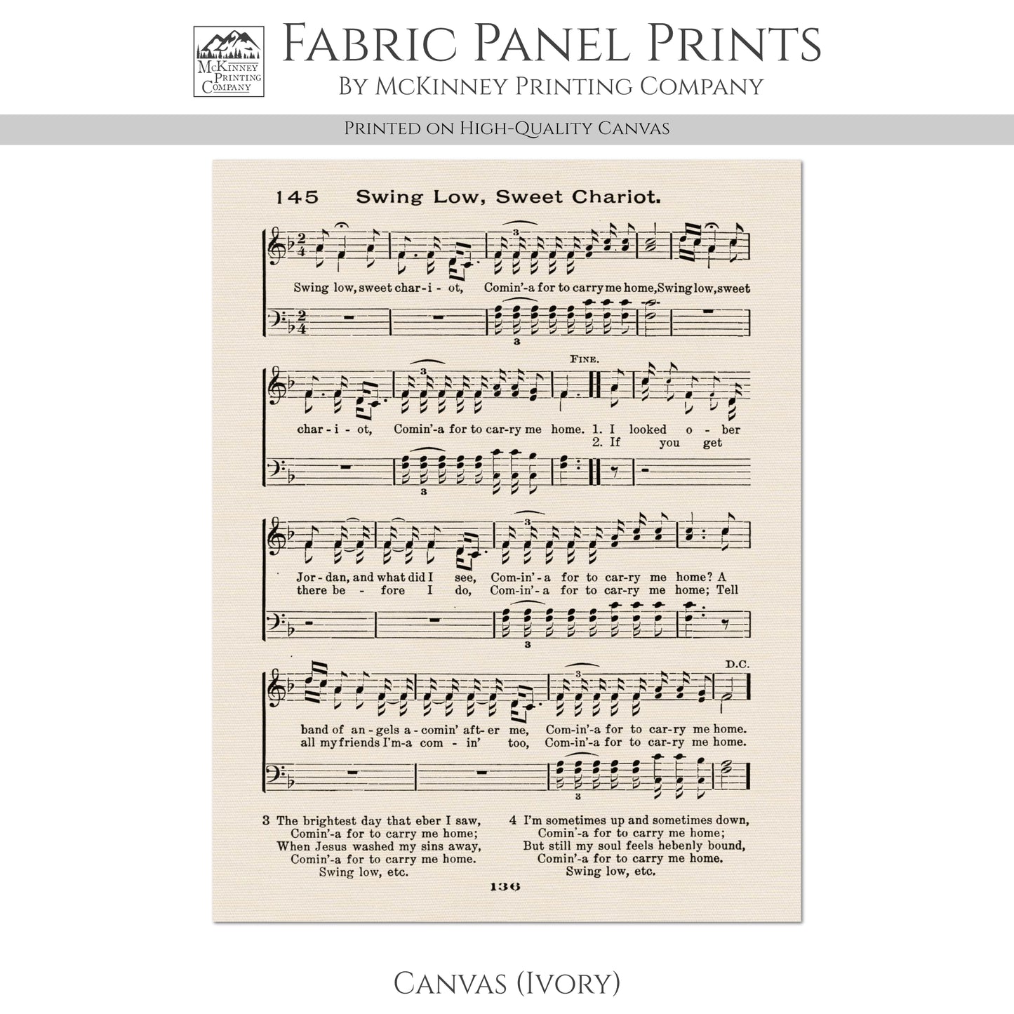 Swing Low, Sweet Chariot - Christian Fabric, Religious, Hymn Wall Art, Vintage Sheet Music, Choral, Piano, Quilting, Quilt, Cotton, Sewing, Cotton