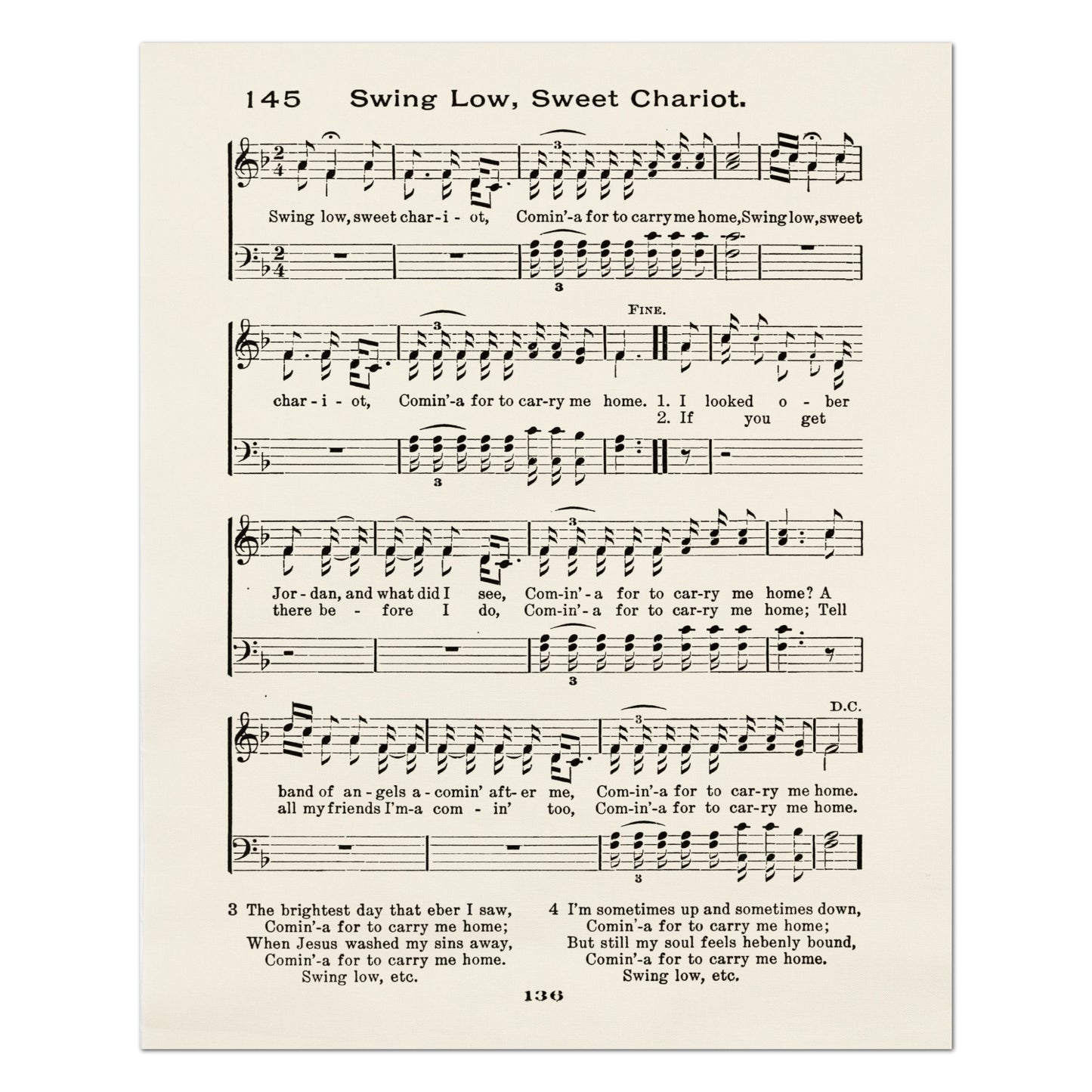 Swing Low, Sweet Chariot - Christian Fabric, Religious, Hymn Wall Art, Vintage Sheet Music, Choral, Piano, Quilting, Quilt, Cotton, Sewing, Cotton