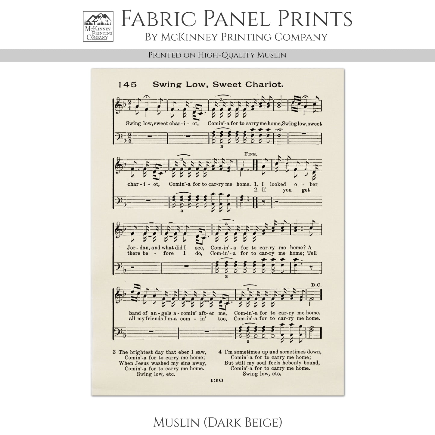 Swing Low, Sweet Chariot - Christian Fabric, Religious, Hymn Wall Art, Vintage Sheet Music, Choral, Piano, Quilting, Quilt, Cotton, Sewing, Cotton