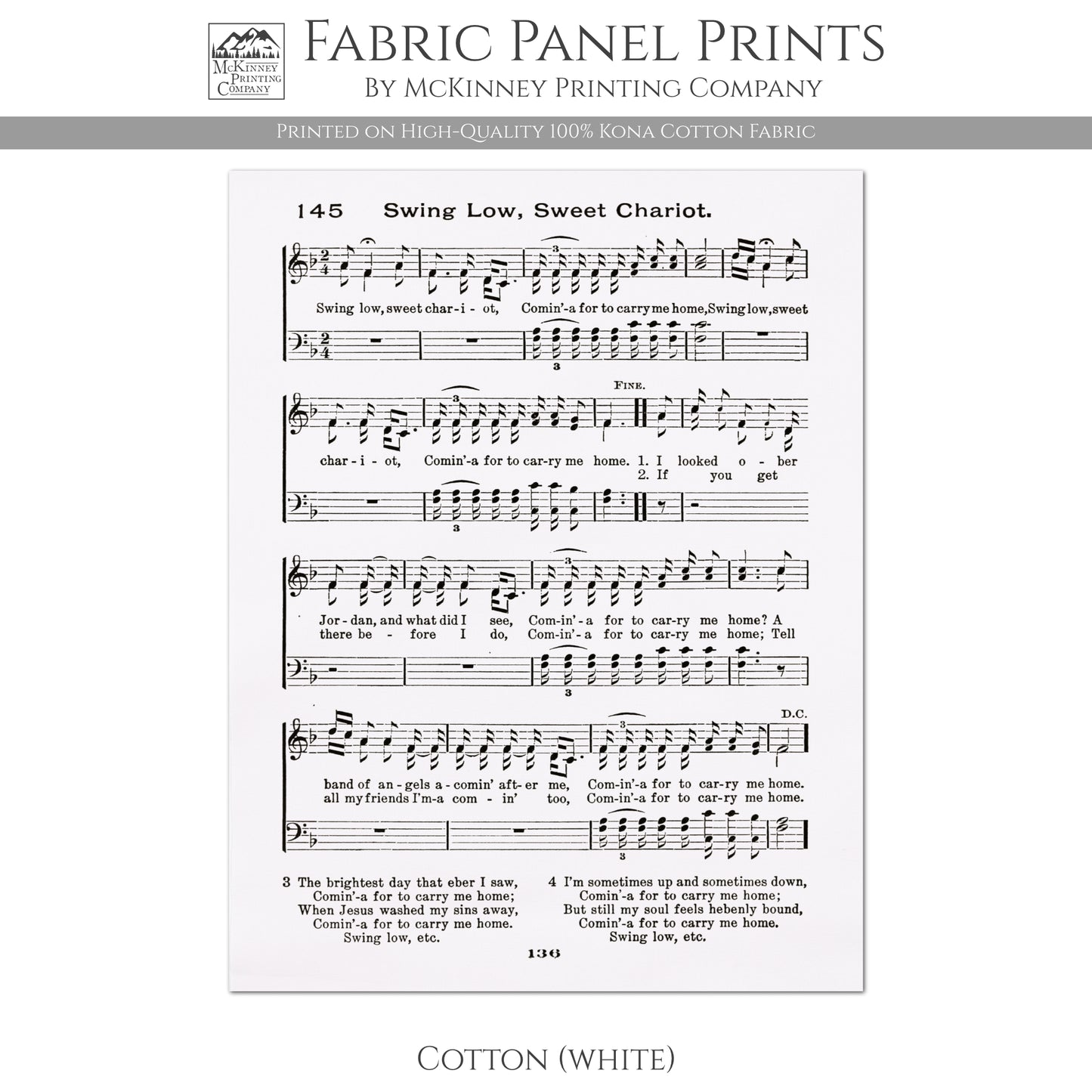 Swing Low, Sweet Chariot - Christian Fabric, Religious, Hymn Wall Art, Vintage Sheet Music, Choral, Piano, Quilting, Quilt, Cotton, Sewing, Cotton