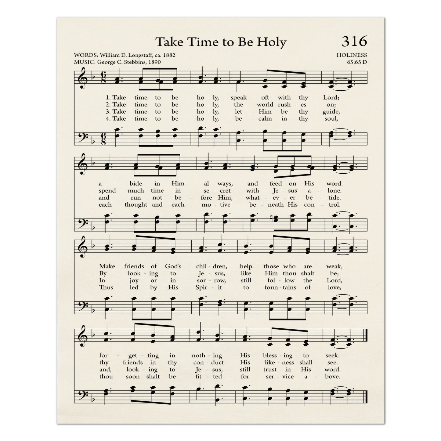 Take Time to be Holy - Christian Fabric, Hymn Wall Art, Religious, Vintage Sheet Music, Quilting, Quilt, Cotton