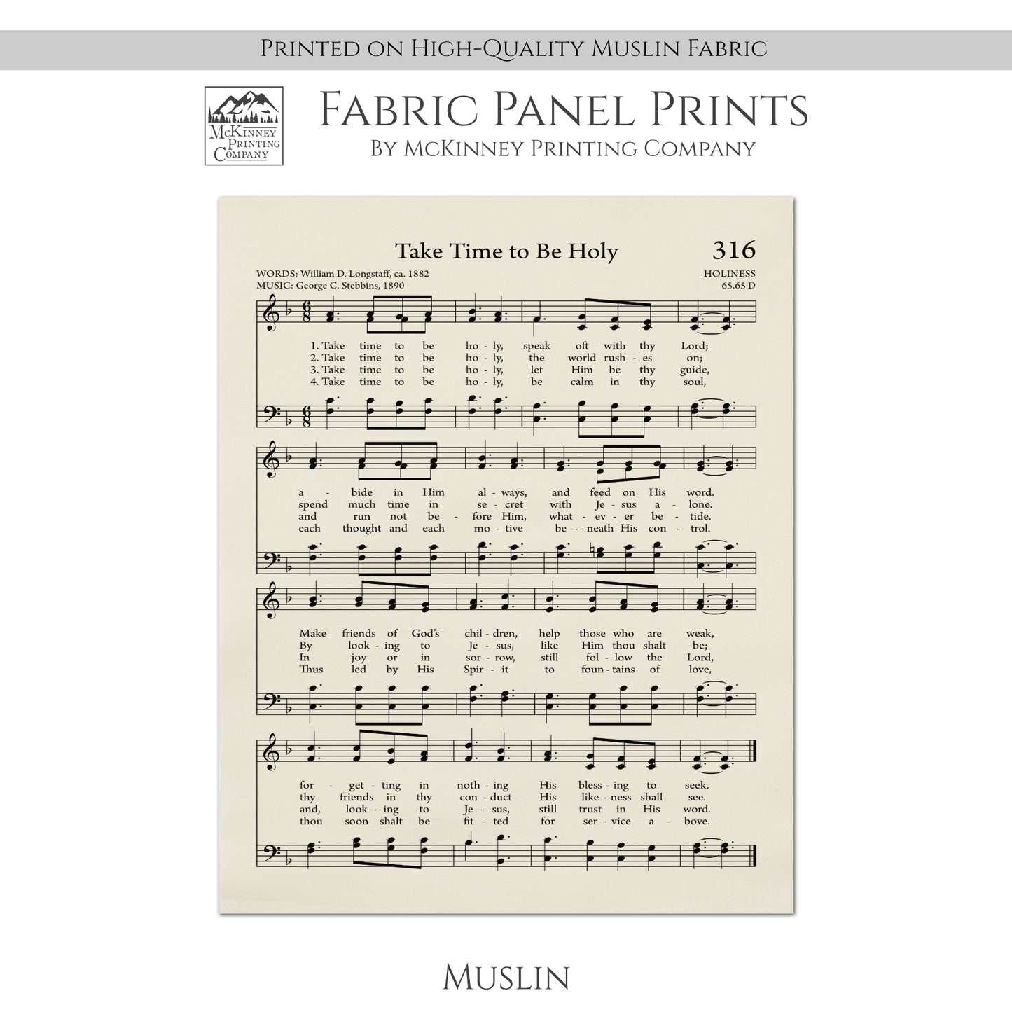 Take Time to be Holy - Christian Fabric, Hymn Wall Art, Religious, Vintage Sheet Music, Quilting, Quilt, Cotton