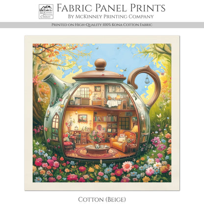 Beatrix Potter Fabric - Teapot, Baby Fabric Panels, Watercolor, Fabric Panel, Cottage, Village, Block Print, Cotton, Quilt, Wall Art, Nursery, Quilting