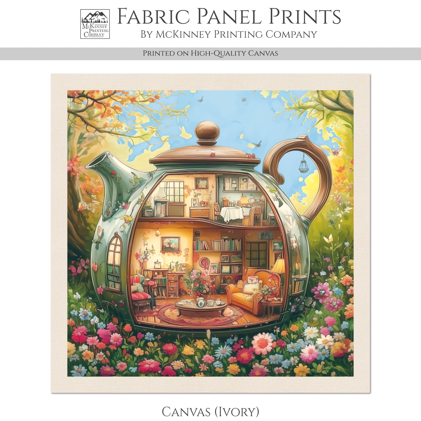 Beatrix Potter Fabric - Teapot, Baby Fabric Panels, Watercolor, Fabric Panel, Cottage, Village, Block Print, Cotton, Quilt, Wall Art, Nursery, Quilting