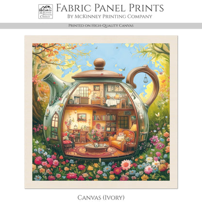 Beatrix Potter Fabric - Teapot, Baby Fabric Panels, Watercolor, Fabric Panel, Cottage, Village, Block Print, Cotton, Quilt, Wall Art, Nursery, Quilting