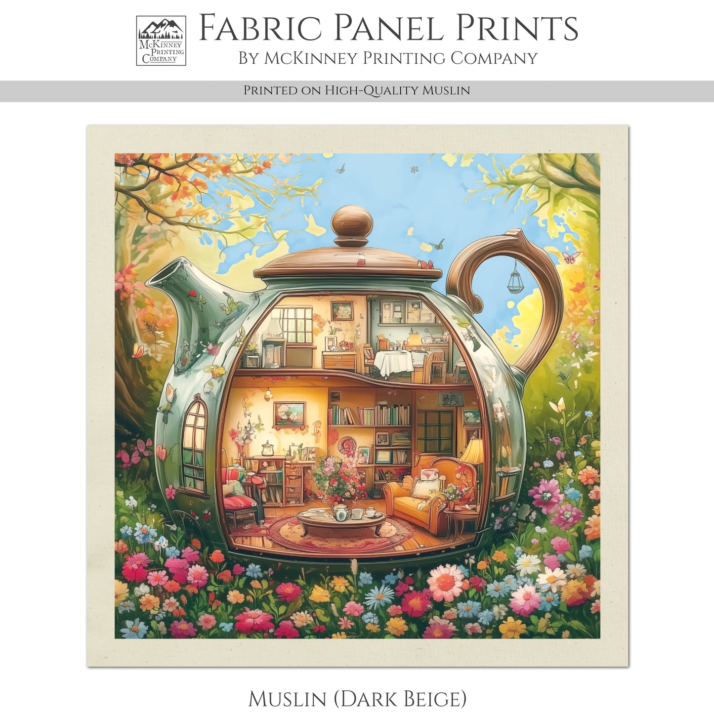 Beatrix Potter Fabric - Teapot, Baby Fabric Panels, Watercolor, Fabric Panel, Cottage, Village, Block Print, Cotton, Quilt, Wall Art, Nursery, Quilting