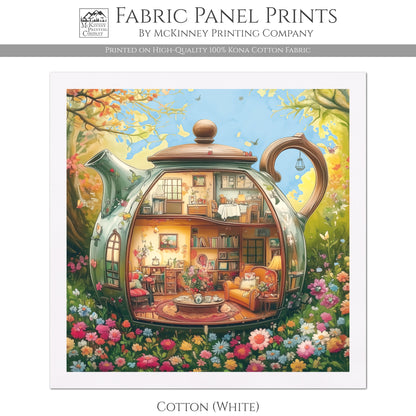Beatrix Potter Fabric - Teapot, Baby Fabric Panels, Watercolor, Fabric Panel, Cottage, Village, Block Print, Cotton, Quilt, Wall Art, Nursery, Quilting