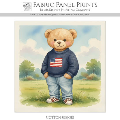 Teddy Bear Fabric - Baby Fabric Panels, Patriotic, Flag, Sewing, Large Print Fabric, Block Print Fabric, Cotton, Quilt, Wall Art, Nursery