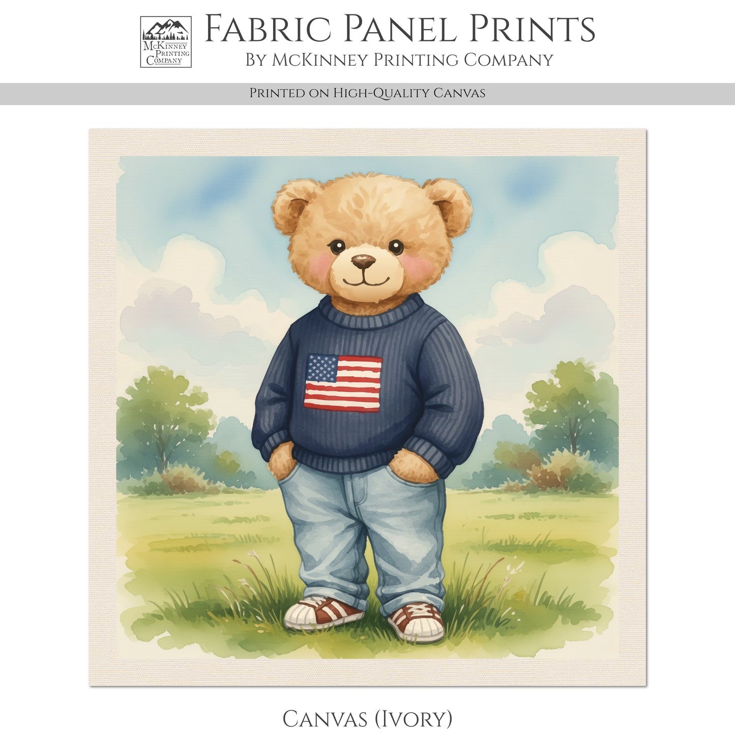 Teddy Bear Fabric - Baby Fabric Panels, Patriotic, Flag, Sewing, Large Print Fabric, Block Print Fabric, Cotton, Quilt, Wall Art, Nursery