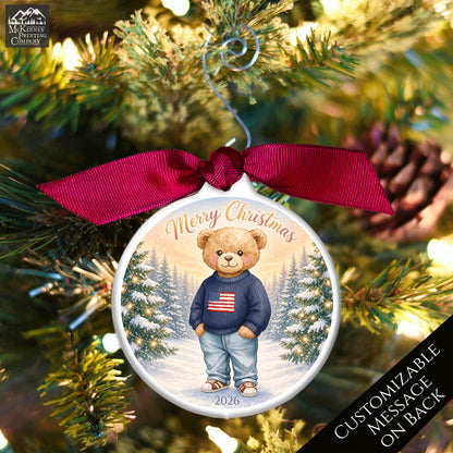 Teddy Bear Ornament - Baby First Christmas, Animal, Patriotic, Flag, Infant Gift, USA, Child, Personalized, Custom