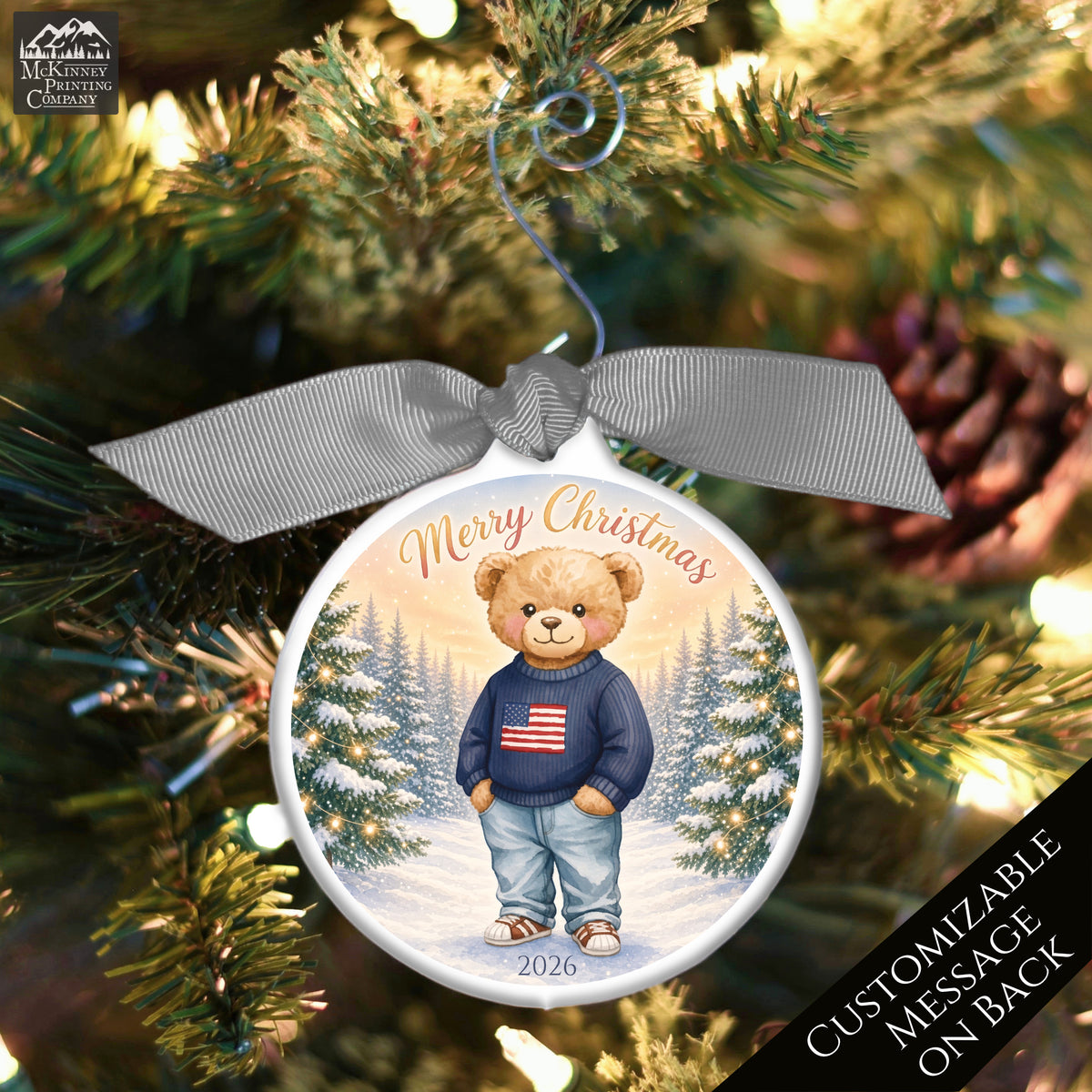 Teddy Bear Ornament - Baby First Christmas, Animal, Patriotic, Flag, Infant Gift, USA, Child, Personalized, Custom