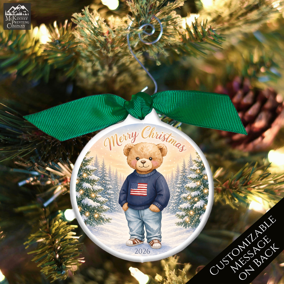 Teddy Bear Ornament - Baby First Christmas, Animal, Patriotic, Flag, Infant Gift, USA, Child, Personalized, Custom