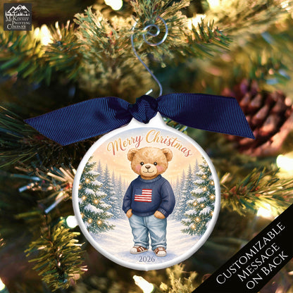 Teddy Bear Ornament - Baby First Christmas, Animal, Patriotic, Flag, Infant Gift, USA, Child, Personalized, Custom