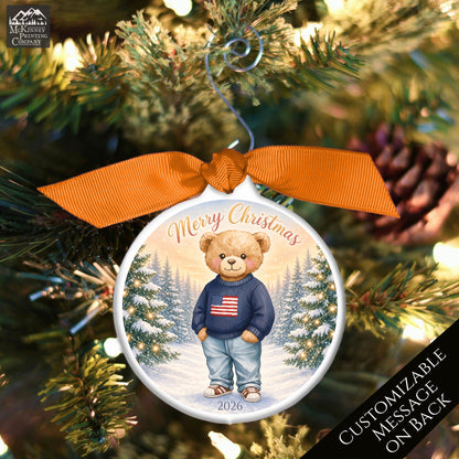 Teddy Bear Ornament - Baby First Christmas, Animal, Patriotic, Flag, Infant Gift, USA, Child, Personalized, Custom
