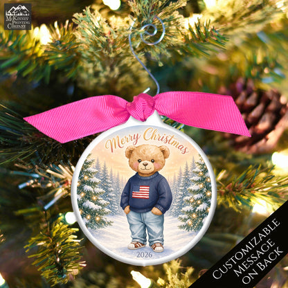 Teddy Bear Ornament - Baby First Christmas, Animal, Patriotic, Flag, Infant Gift, USA, Child, Personalized, Custom