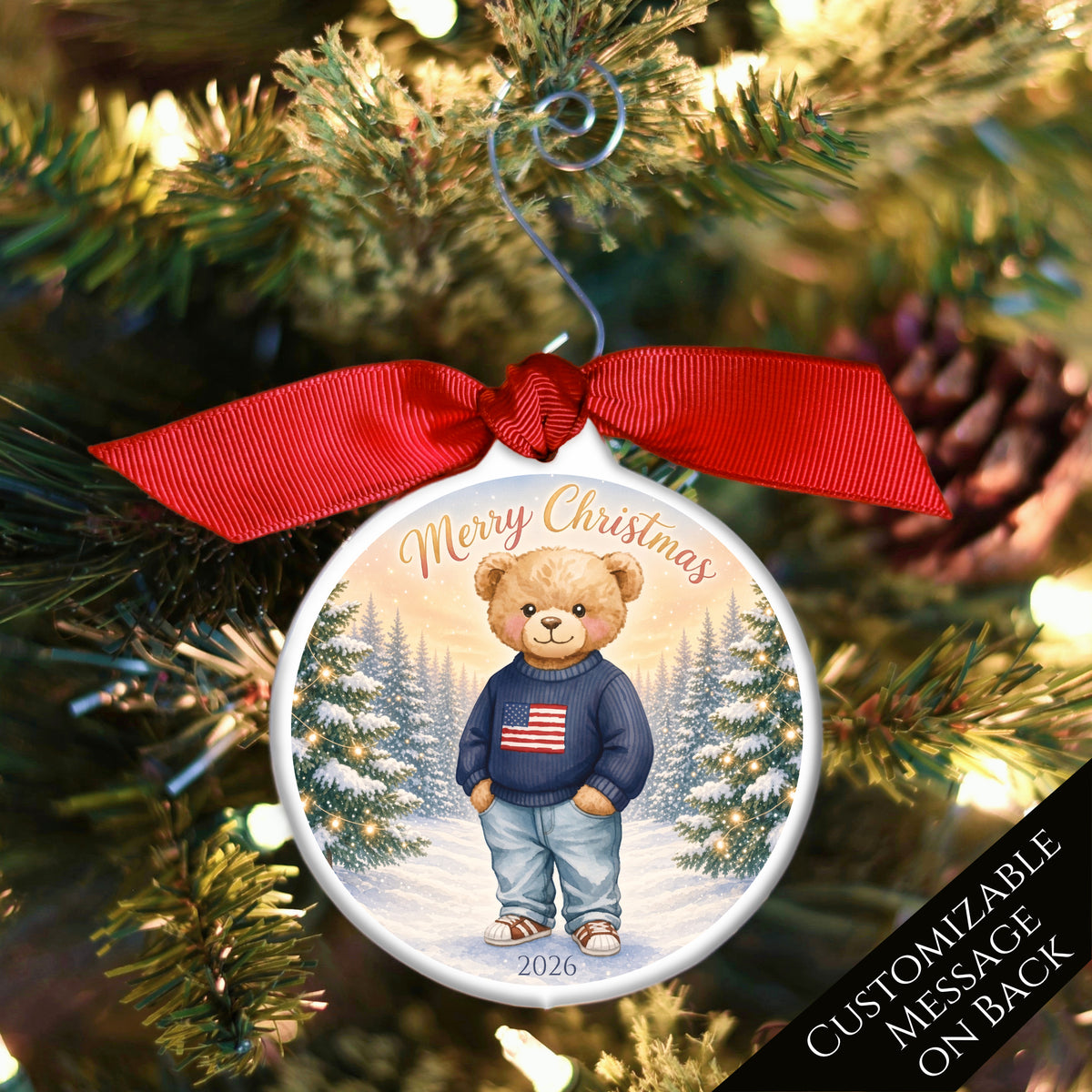 Teddy Bear Ornament - Baby First Christmas, Animal, Patriotic, Flag, Infant Gift, USA, Child, Personalized, Custom