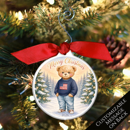 Teddy Bear Ornament - Baby First Christmas, Animal, Patriotic, Flag, Infant Gift, USA, Child, Personalized, Custom