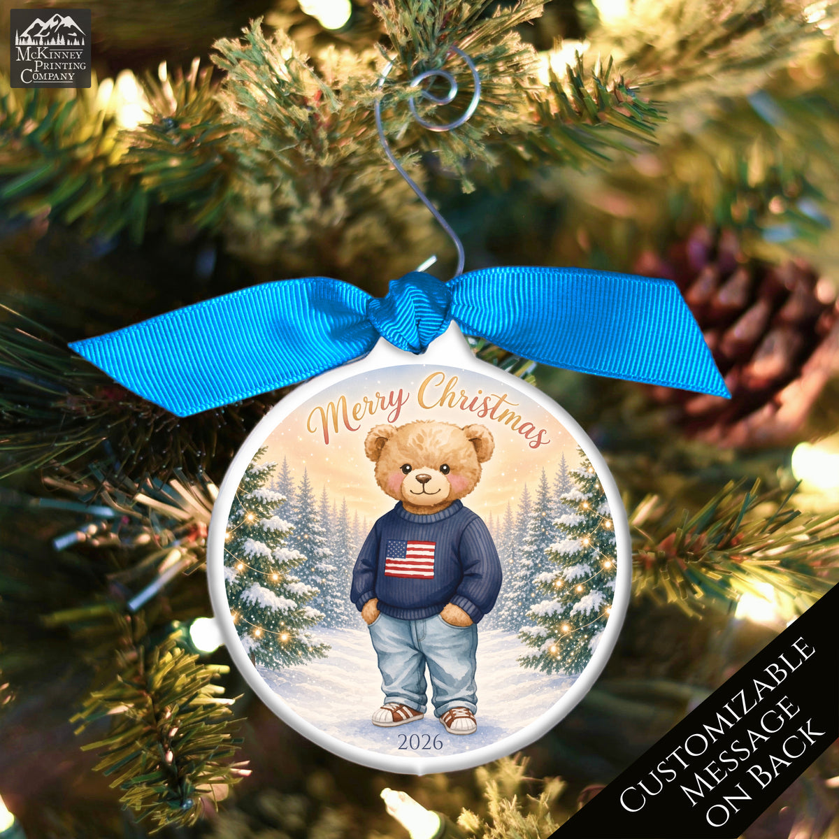 Teddy Bear Ornament - Baby First Christmas, Animal, Patriotic, Flag, Infant Gift, USA, Child, Personalized, Custom