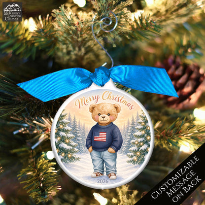 Teddy Bear Ornament - Baby First Christmas, Animal, Patriotic, Flag, Infant Gift, USA, Child, Personalized, Custom