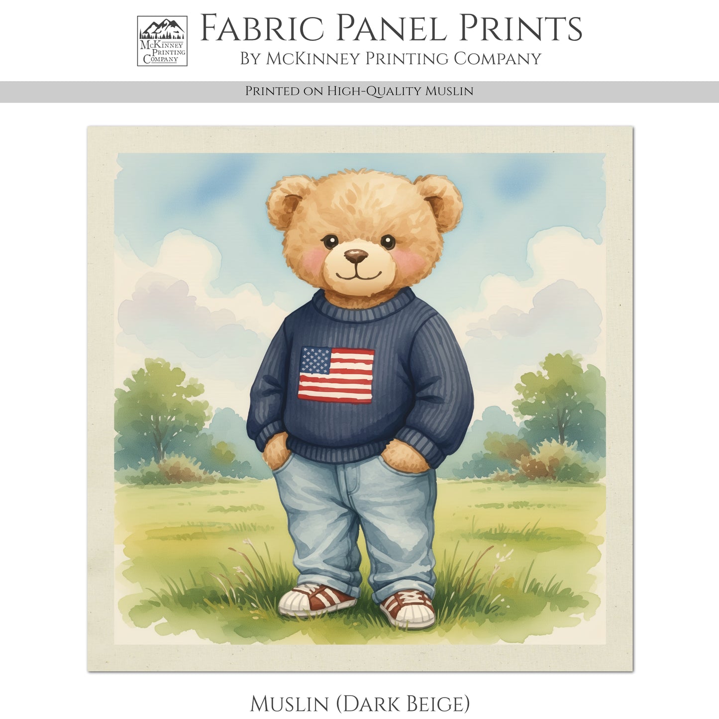 Teddy Bear Fabric - Baby Fabric Panels, Patriotic, Flag, Sewing, Large Print Fabric, Block Print Fabric, Cotton, Quilt, Wall Art, Nursery