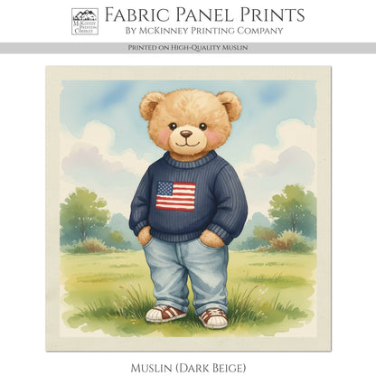 Teddy Bear Fabric - Baby Fabric Panels, Patriotic, Flag, Sewing, Large Print Fabric, Block Print Fabric, Cotton, Quilt, Wall Art, Nursery
