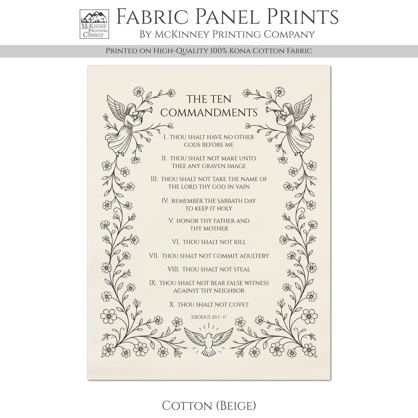 Ten Commandments - Christian Fabric, Religious, Exodus 20, Bible Verse, Wall Art, Quilting, Quilt, Cotton, Canvas