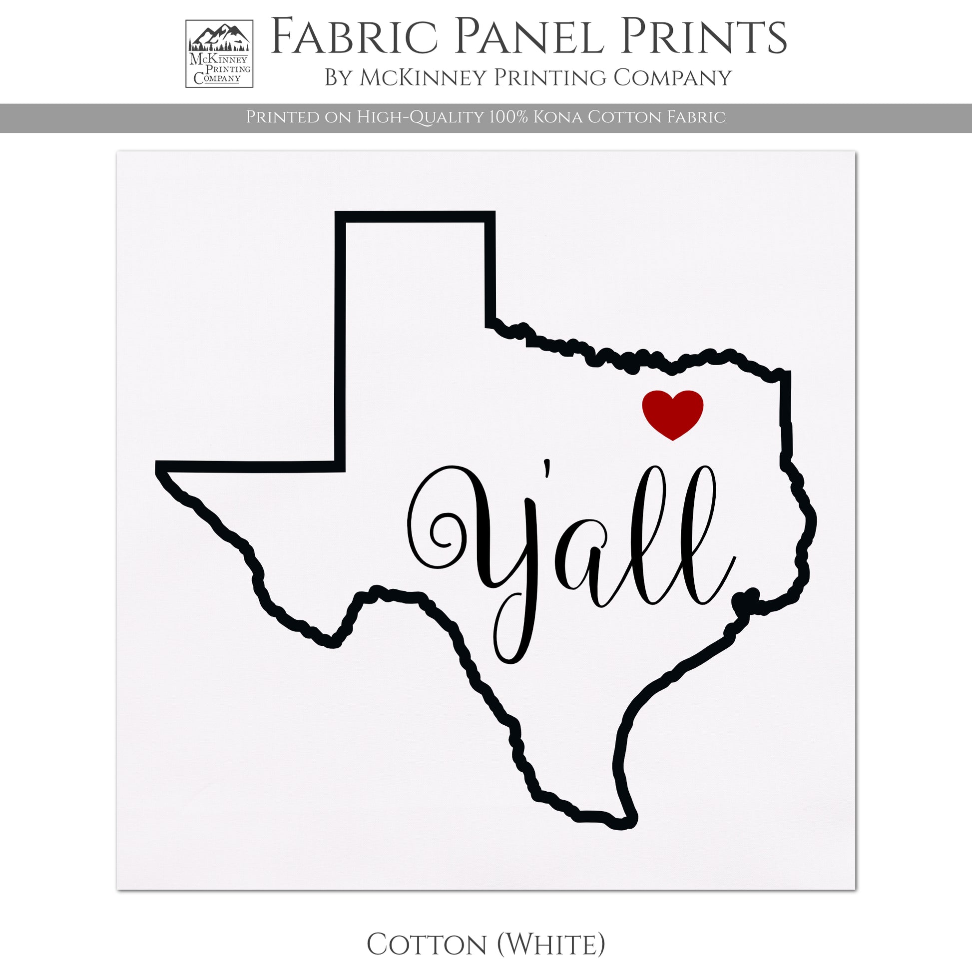 Texas Fabric - Texas Yall, State Outline - Cotton, White