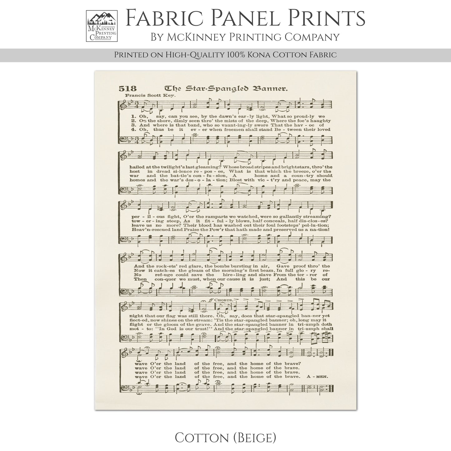The Star Spangled Banner - Patriotic Fabric, Americana Fabric, Quilts of Valor, Vintage Sheet Music, Block Print, Veteran, Quilting