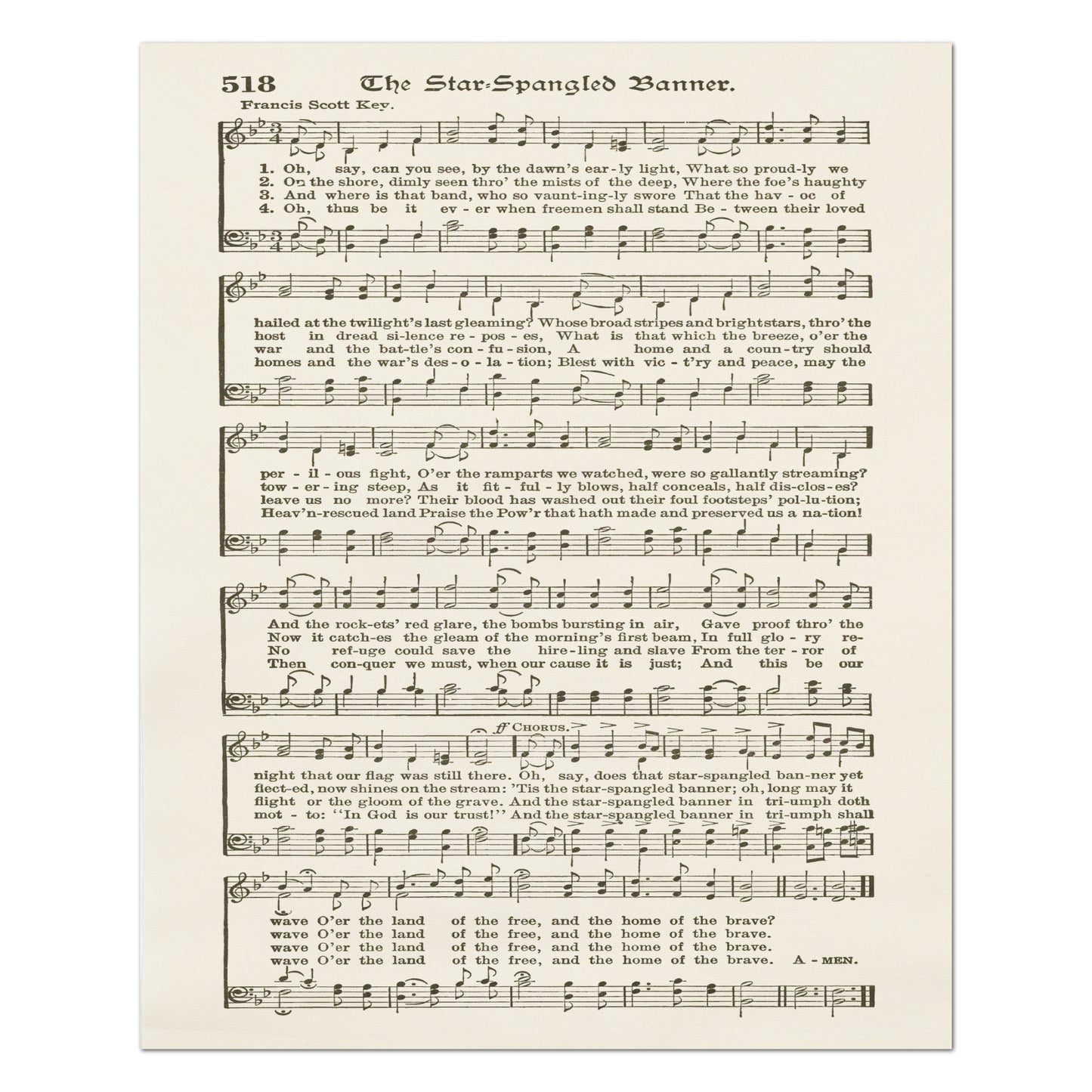 The Star Spangled Banner - Patriotic Fabric, Americana Fabric, Quilts of Valor, Vintage Sheet Music, Block Print, Veteran, Quilting
