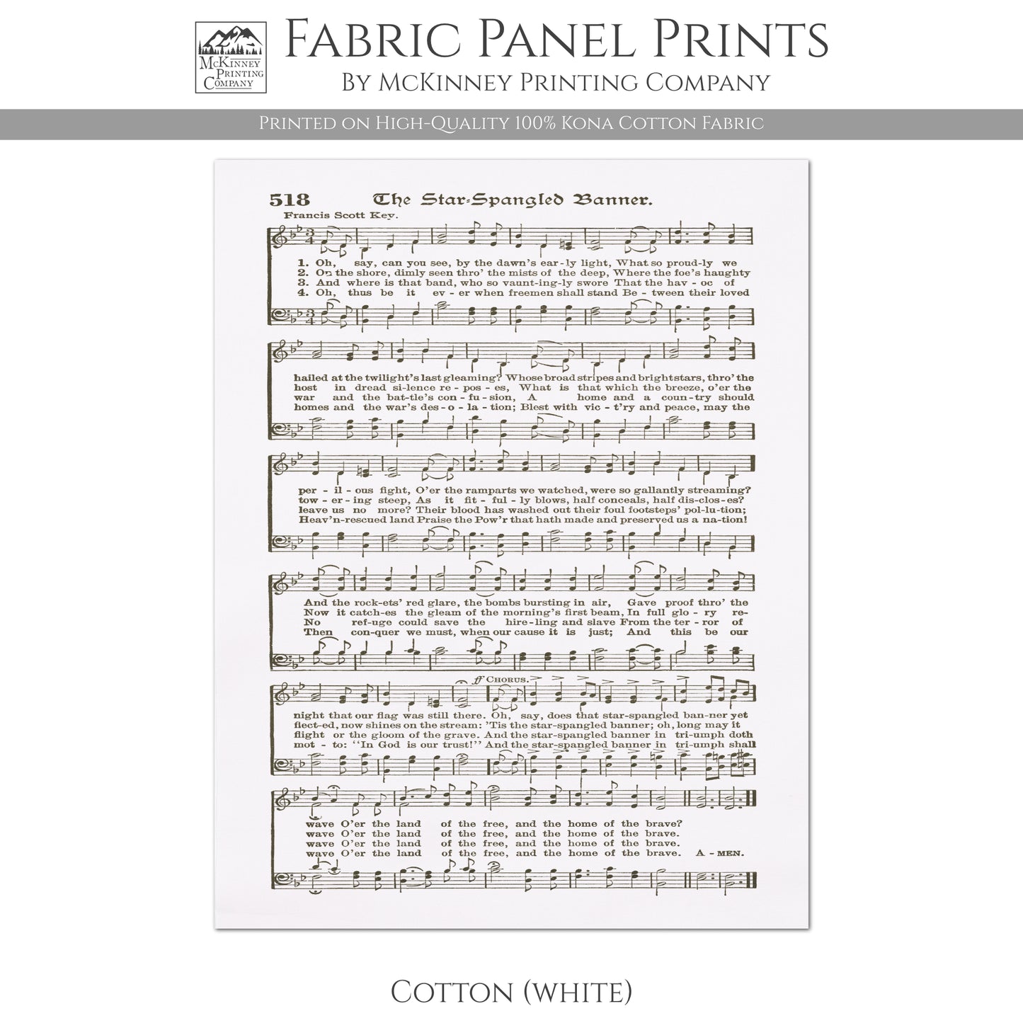 The Star Spangled Banner - Patriotic Fabric, Americana Fabric, Quilts of Valor, Vintage Sheet Music, Block Print, Veteran, Quilting