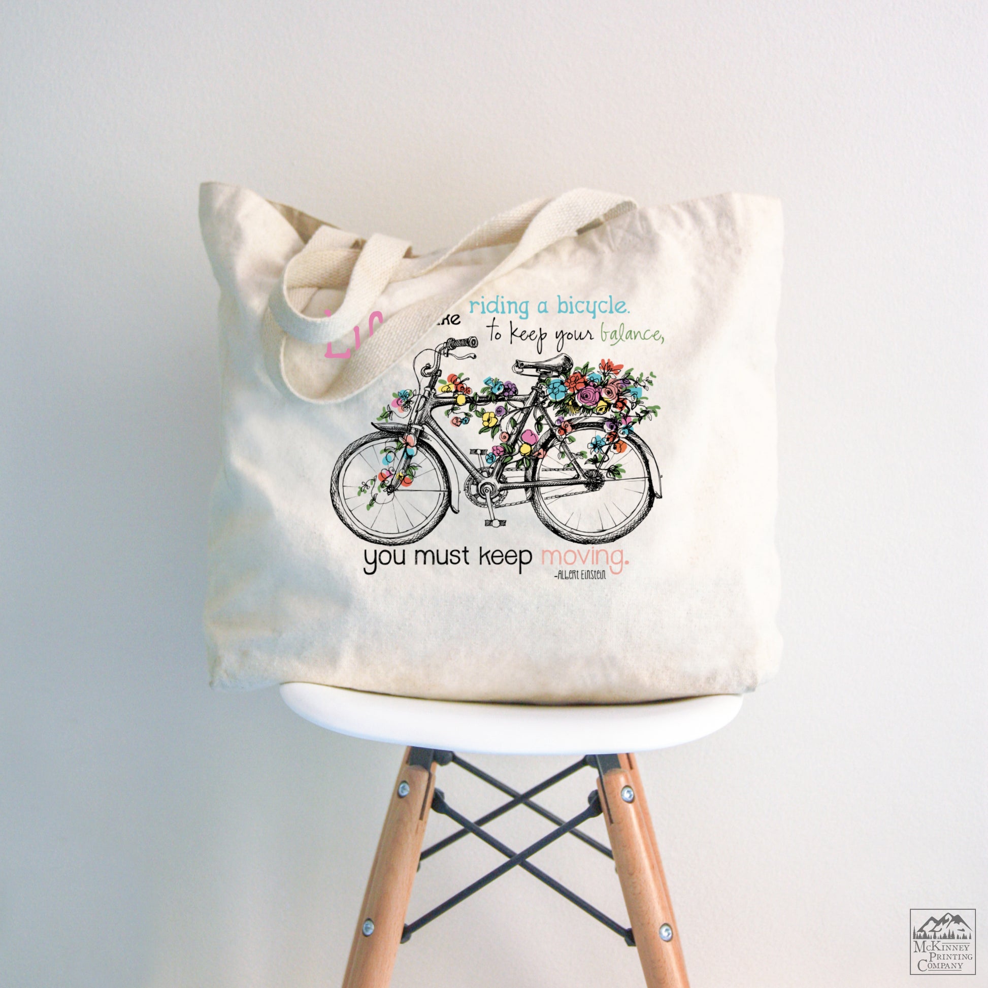 Everyday Tote Bag, Inspirational Quote - Life if like riding a bicycle. To Keep your balance, you must keep moving. Albert Einstein