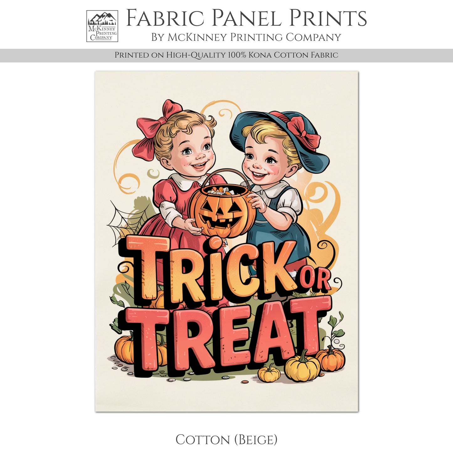 Halloween Fabric Panel - Vintage, Retro, Fall, Children, Kids, Child, Large Print Fabric, Block Print Fabric, Cotton, Quilting, Quilt, Canvas