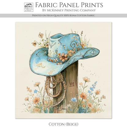 Western Fabric - Cowgirl Hat, Floral, Farm, Turquoise, Rodeo, Ranch, Wall Art, Crafts, Quilt, Block Print, Quilting, Sewing
