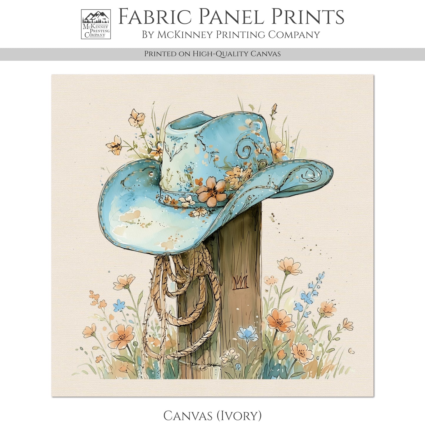 Western Fabric - Cowgirl Hat, Floral, Farm, Turquoise, Rodeo, Ranch, Wall Art, Crafts, Quilt, Block Print, Quilting, Sewing