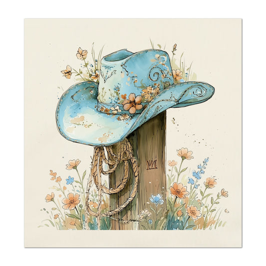 Western Fabric - Cowgirl Hat, Floral, Farm, Turquoise, Rodeo, Ranch, Wall Art, Crafts, Quilt, Block Print, Quilting, Sewing