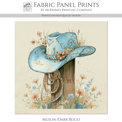 Western Fabric - Cowgirl Hat, Floral, Farm, Turquoise, Rodeo, Ranch, Wall Art, Crafts, Quilt, Block Print, Quilting, Sewing