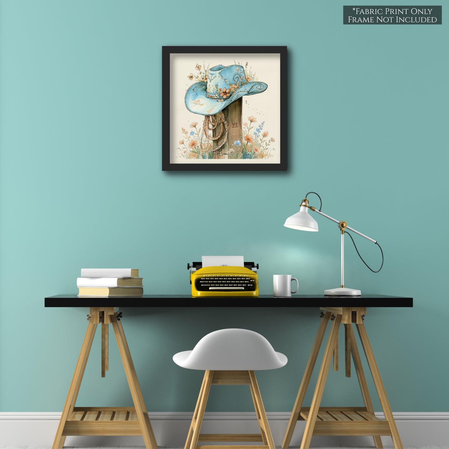 Western Fabric - Cowgirl Hat, Floral, Farm, Turquoise, Rodeo, Ranch, Wall Art, Crafts, Quilt, Block Print, Quilting, Sewing