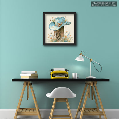 Western Fabric - Cowgirl Hat, Floral, Farm, Turquoise, Rodeo, Ranch, Wall Art, Crafts, Quilt, Block Print, Quilting, Sewing