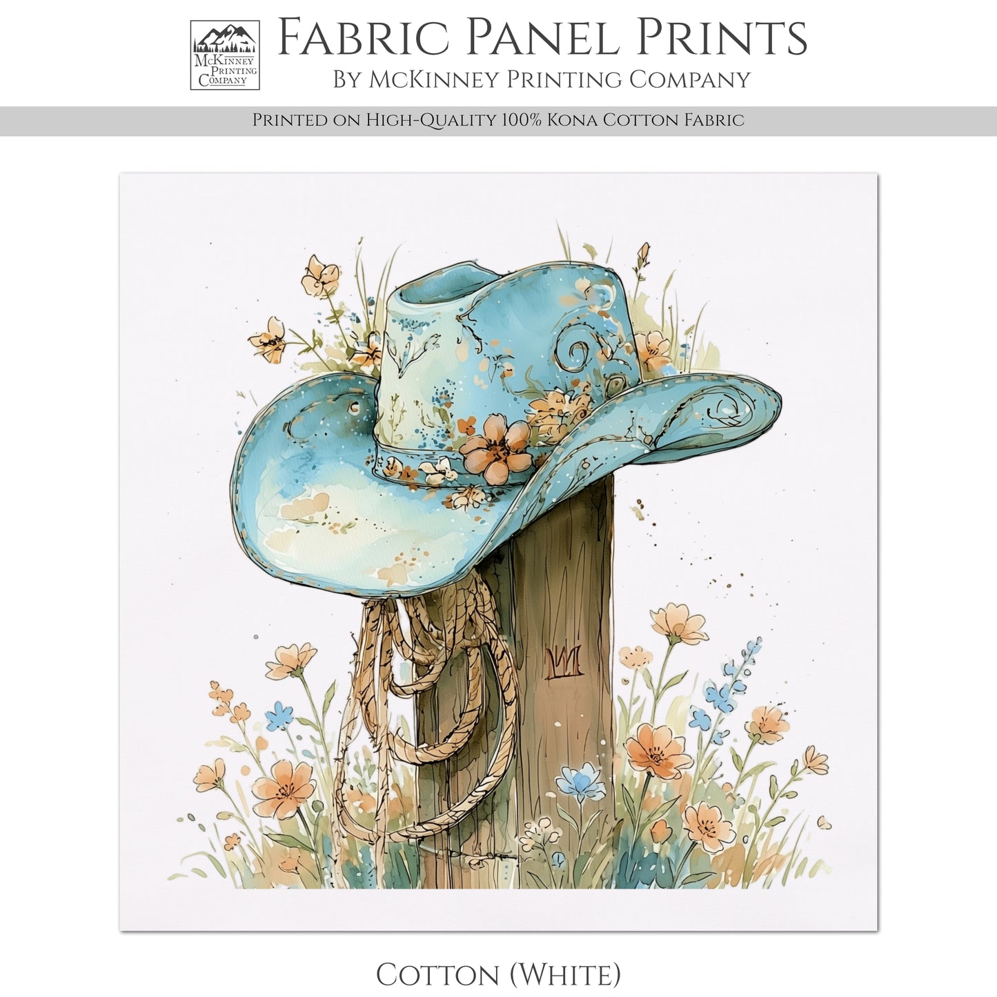 Western Fabric - Cowgirl Hat, Floral, Farm, Turquoise, Rodeo, Ranch, Wall Art, Crafts, Quilt, Block Print, Quilting, Sewing