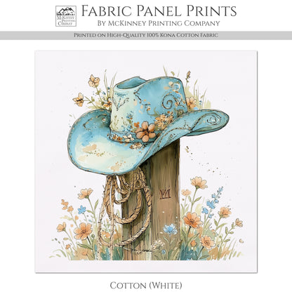 Western Fabric - Cowgirl Hat, Floral, Farm, Turquoise, Rodeo, Ranch, Wall Art, Crafts, Quilt, Block Print, Quilting, Sewing