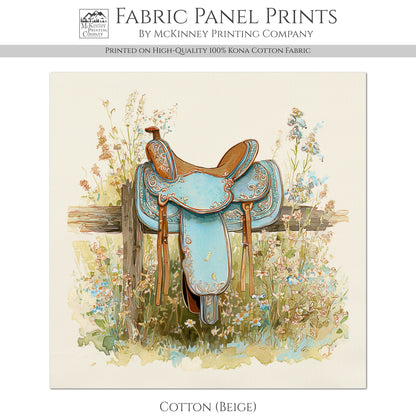 Western Fabric - Cowgirl, Horse, Saddle, Floral, Farm, Turquoise, Rodeo, Ranch, Wall Art, Crafts, Quilt, Block Print, Quilting, Sewing